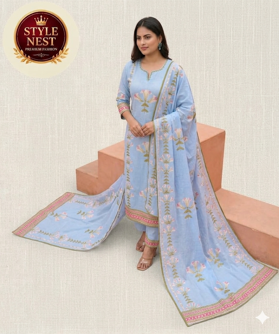 Sky Blue Floral Embroidered Suit Set – Kurti, Pant & Dupatta