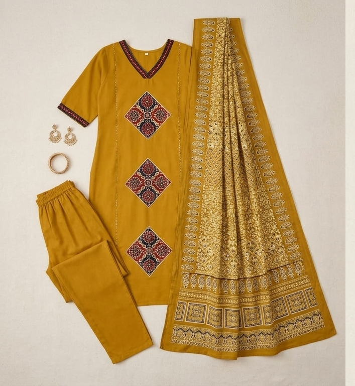 Mustard Yellow Embroidered Kurta Set with Dupatta