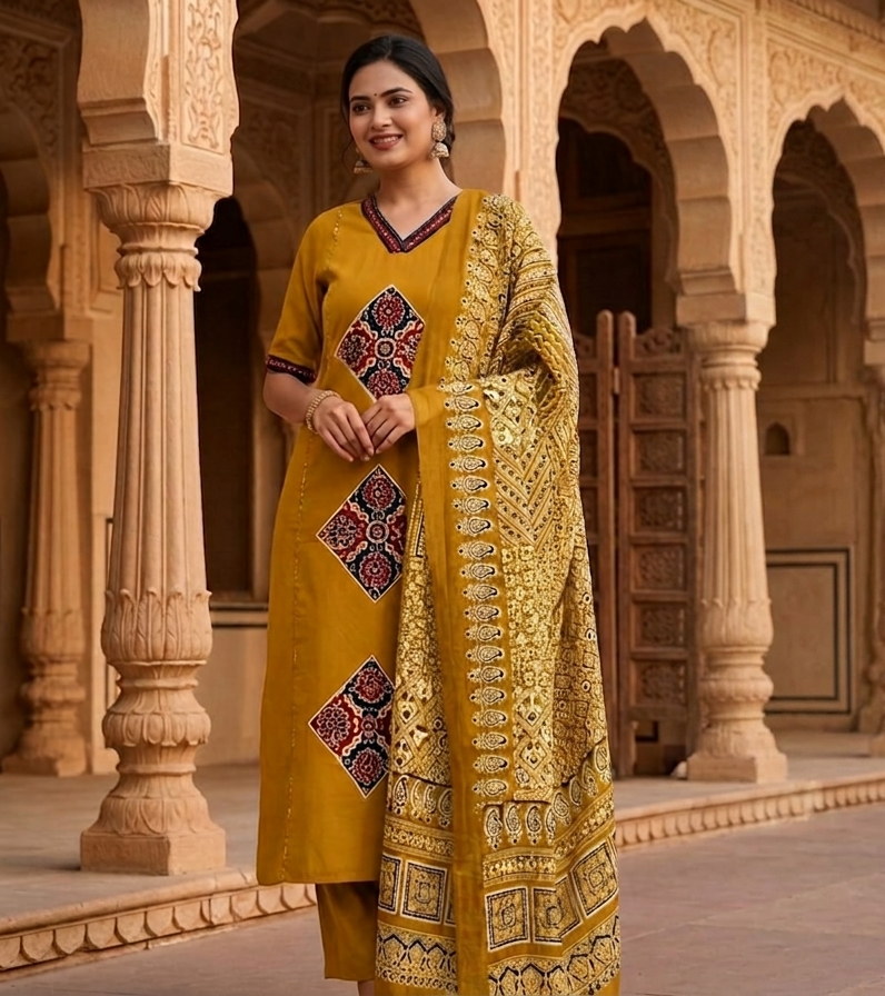 Mustard Yellow Embroidered Kurta Set with Dupatta