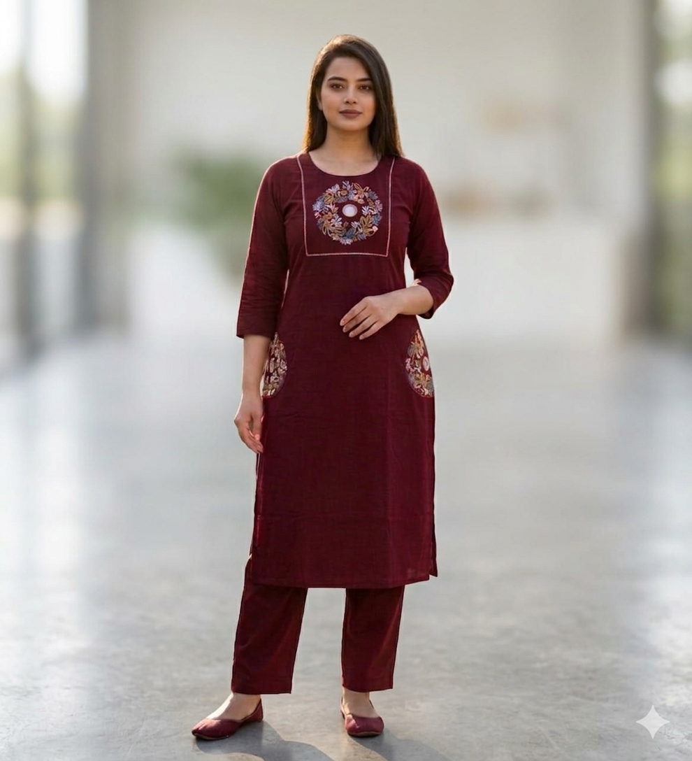 Floral Embroidered Kurti & Pant Set