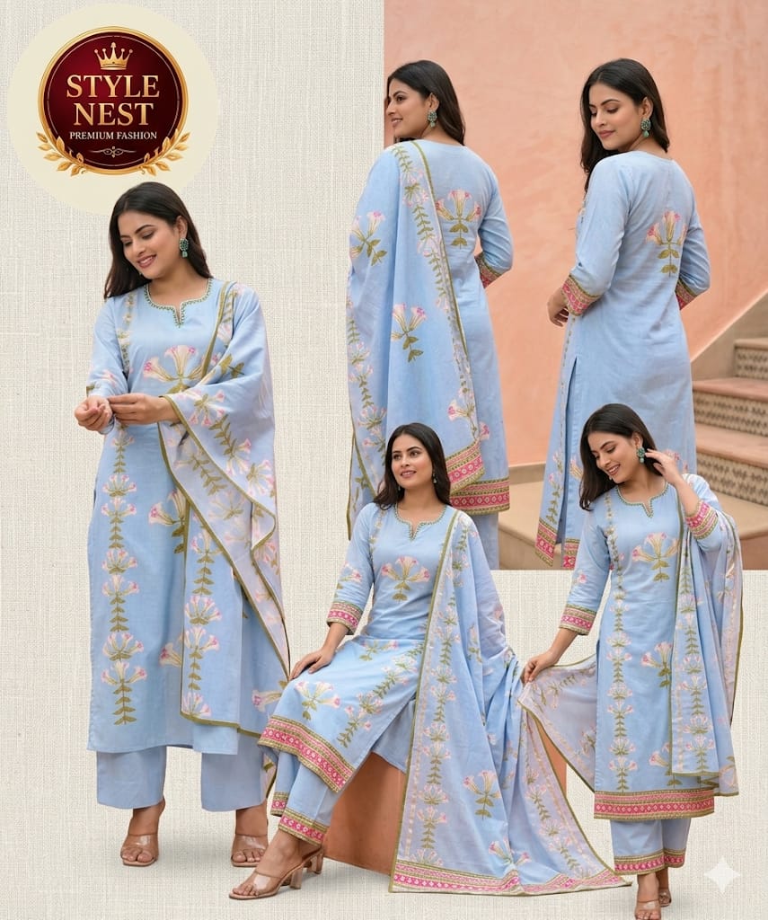 Sky Blue Floral Embroidered Suit Set – Kurti, Pant & Dupatta
