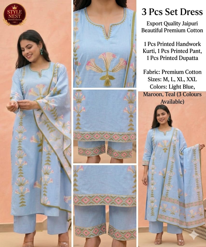 Sky Blue Floral Embroidered Suit Set – Kurti, Pant & Dupatta