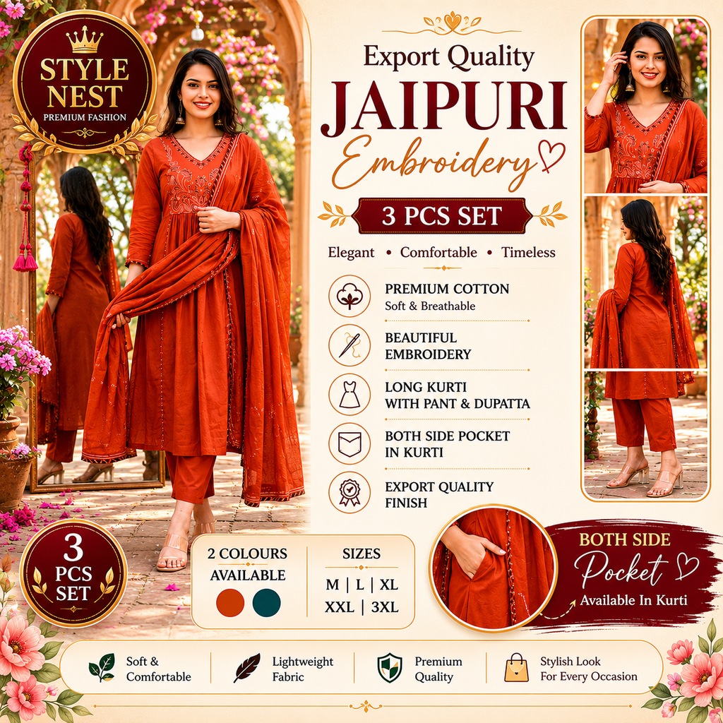 Jaipuri Embroidery 3 Pcs Set – Export Quality