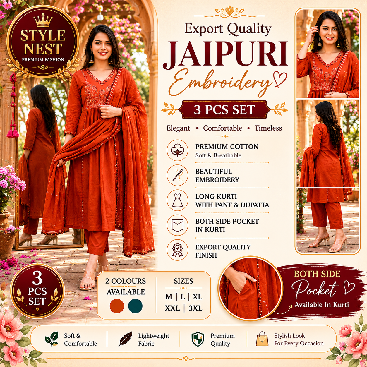 Jaipuri Embroidery 3 Pcs Set – Export Quality