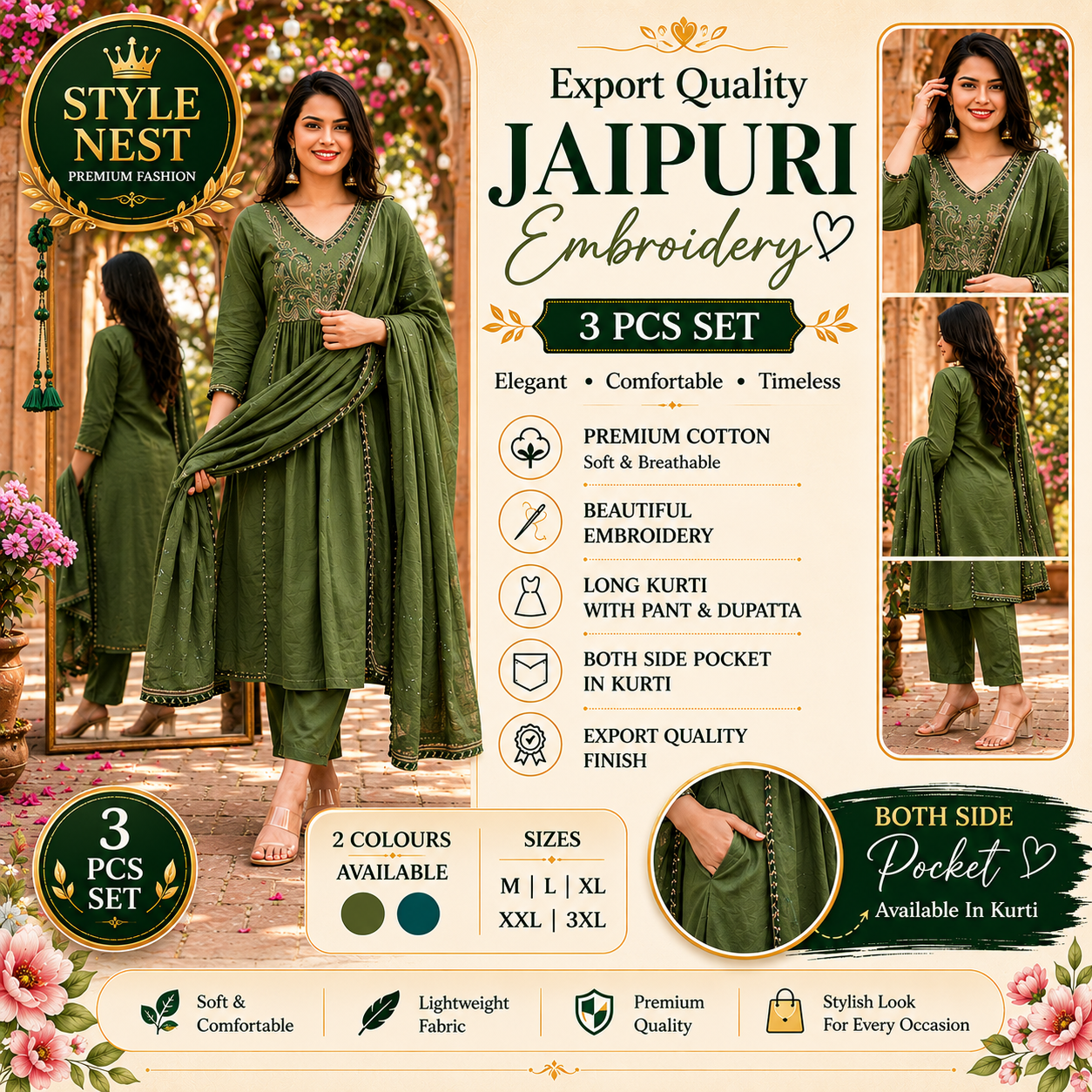 Jaipuri Embroidery 3 Pcs Set – Export Quality