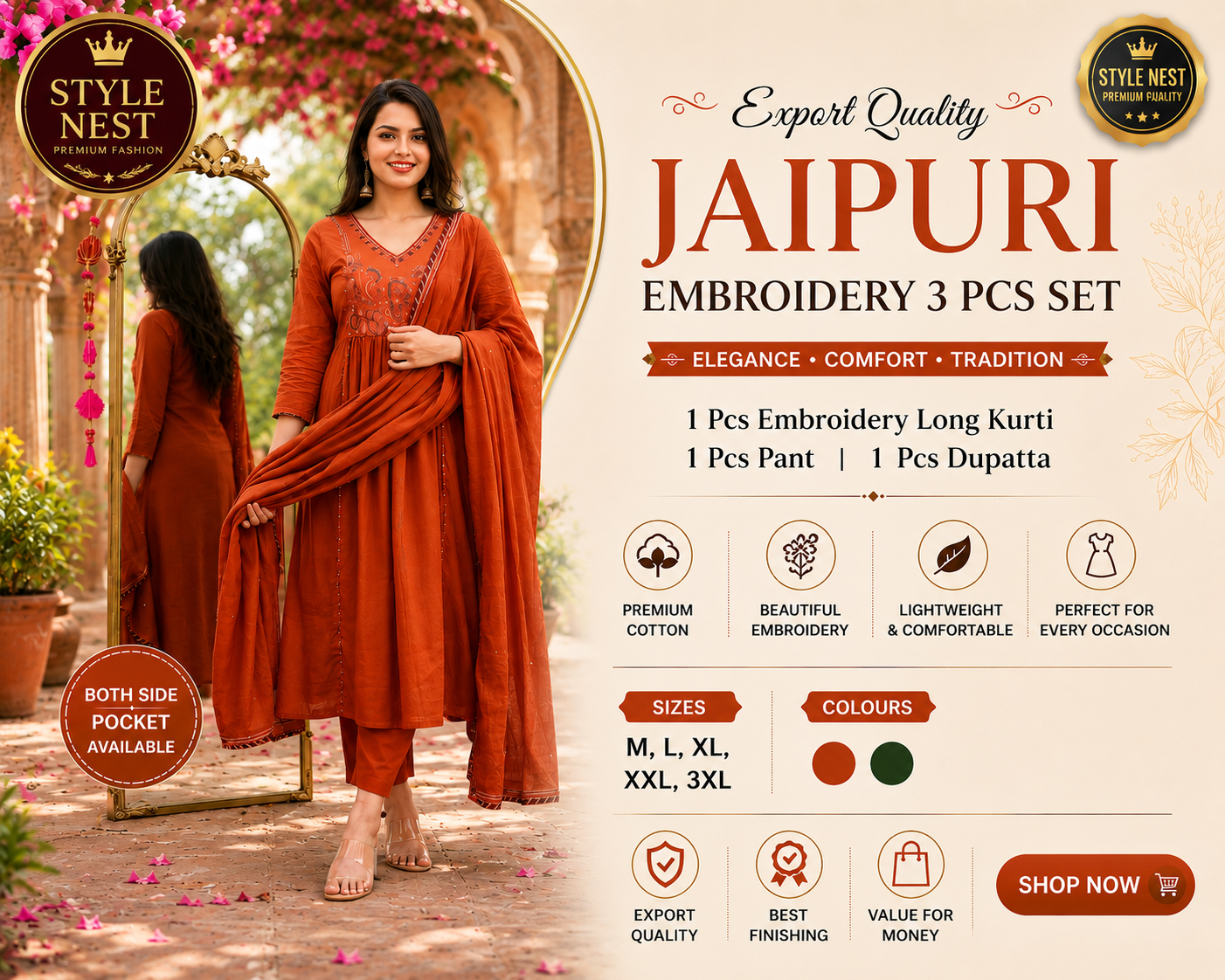 Jaipuri Embroidery 3 Pcs Set – Export Quality